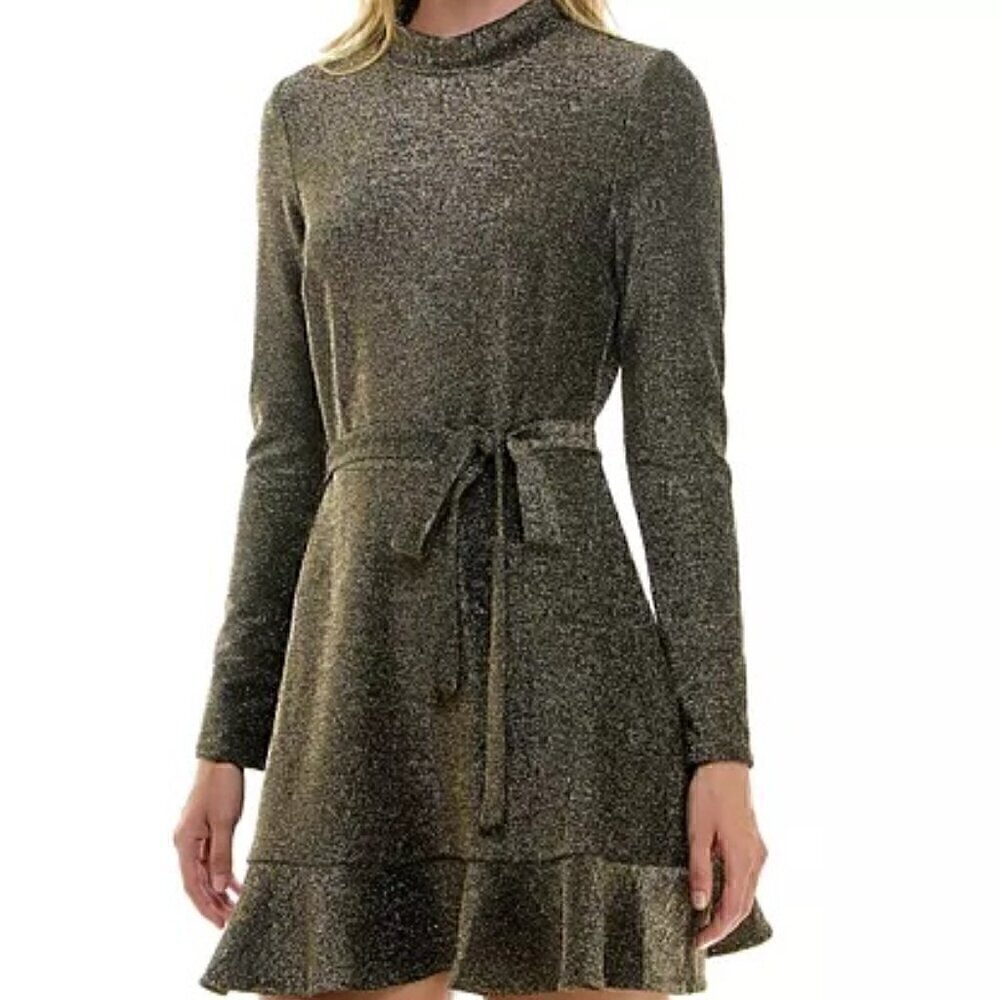 Speechless Juniors Gold Metallic Ruffled Unlined Pullover A-Line Dress Size L